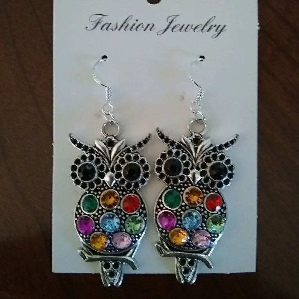 Rhinestone Owl Dangle Earrings 